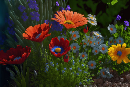 Flower bed with red poppies and blue daisiesの素材