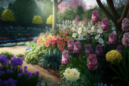 Flower garden in the spring,3d rendering. Computer digital drawing.の素材
