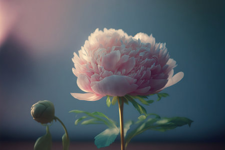 Peony flower on a wooden table. Vintage style toned pictureの素材