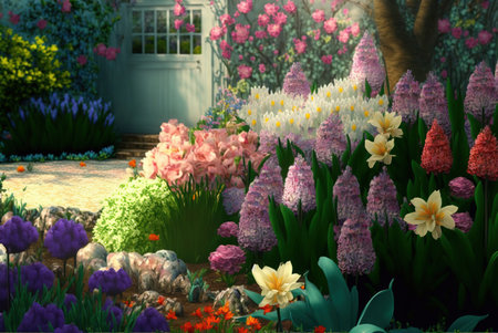 Beautiful spring garden with blooming hyacinths and daffodilsの素材
