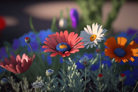 3D render of beautiful flowers in the garden with bokeh backgroundの素材