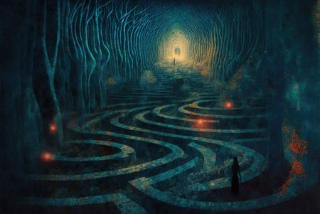 Mystical labyrinth in the dark forest. 3D illustration.の素材