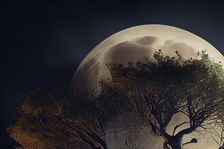 Fantasy landscape with tree and full moon. 3D illustration.の素材