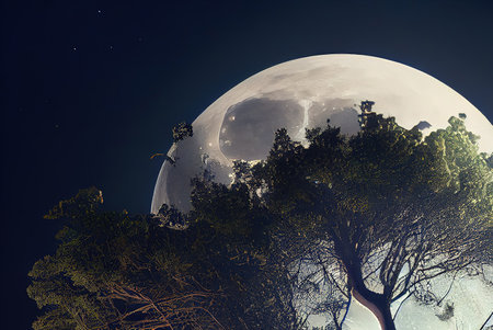 Fantasy landscape with moon and trees. 3D Rendering.の素材