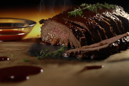 Roast beef on a wooden board with sauce and rosemary closeupの素材