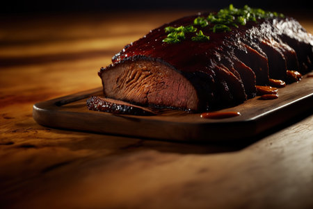 roast beef on wooden cutting board over rustic wooden table.の素材