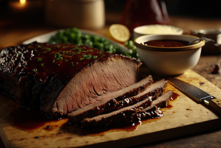Delicious roasted duck with sauce on cutting board, close-upの素材