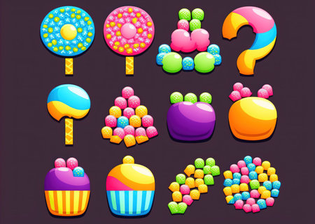 Cartoon sweets icons set. Vector illustration isolated on black background.の素材
