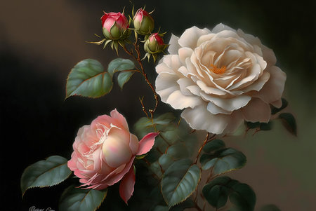 White and pink roses on a dark background. 3d illustration.の素材