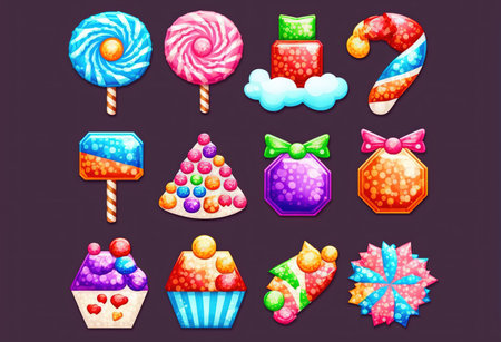 Cartoon colorful candies and sweets icons set. Vector illustration.の素材