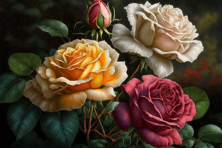 3d illustration of a bouquet of roses on a dark backgroundの素材