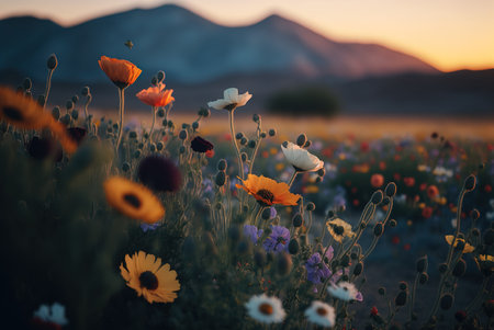 Wild flowers in the meadow at sunset. Beautiful natural background.の素材