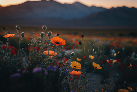 Beautiful Poppy Flowers in the field at sunset, California, USAの素材