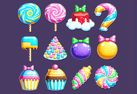 Set of sweet candies and cakes. Vector illustration in cartoon style.の素材