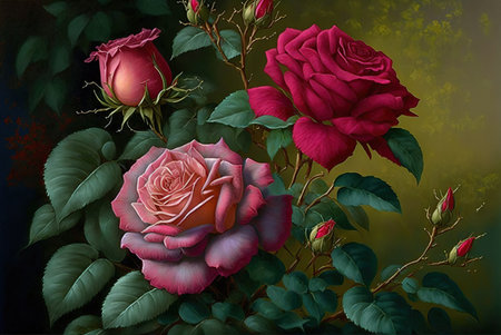 Beautiful red and pink roses with green leaves on dark green backgroundの素材