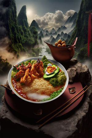 Bowl of rice soup with chicken and vegetables. 3D renderingの素材
