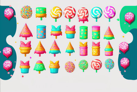 Set of colorful lollipops and cakes. Vector illustration.の素材