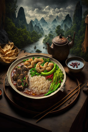 Chinese soup with rice, vegetables and meatballs on the table.の素材
