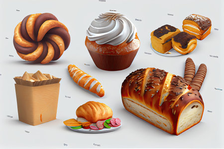 Bakery products on a white background. 3d render illustration.の素材