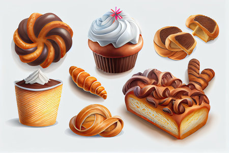 Coffee and pastries set. Coffee cupcake, croissant, muffin, cupcake, croissant, biscuit. Vector illustrationの素材