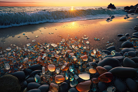 Beautiful sunset on the beach with sea stones. Nature composition.の素材