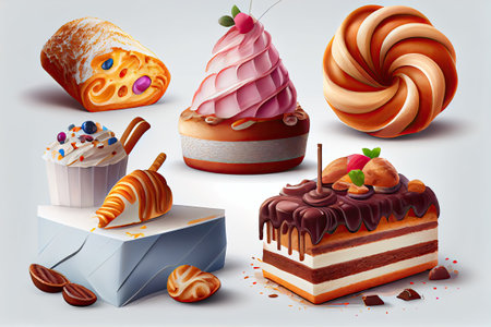 Set of different types of cakes and pastries. Vector illustration.の素材