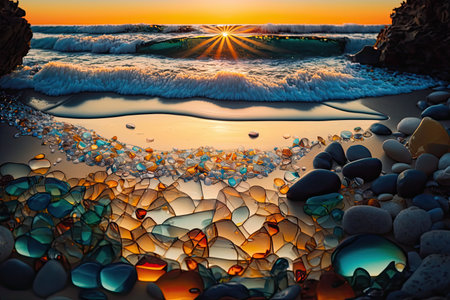 Beautiful sunrise over the sea with stones and reflection in water.の素材