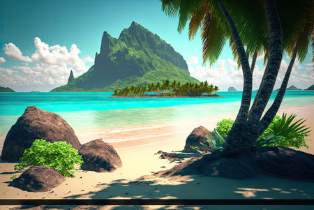 Tropical island with palm trees and sand. 3d renderの素材