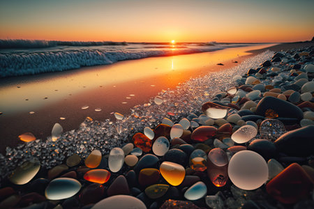 Colorful pebbles on the beach at sunset. Nature composition.の素材