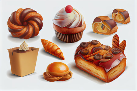 Illustration of a set of cakes and pastries on a white backgroundの素材