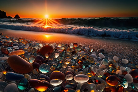 Beautiful sunset on the beach with colorful glass pebbles.の素材