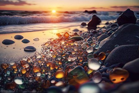 Beautiful sunset on the beach with colorful stones. Nature composition.の素材