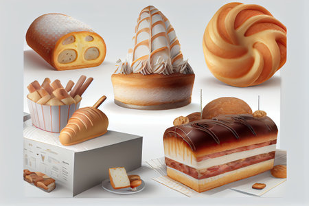 Bakery products set. Cakes, rolls, croissants, bread, baguettes, muffins, croissantsの素材