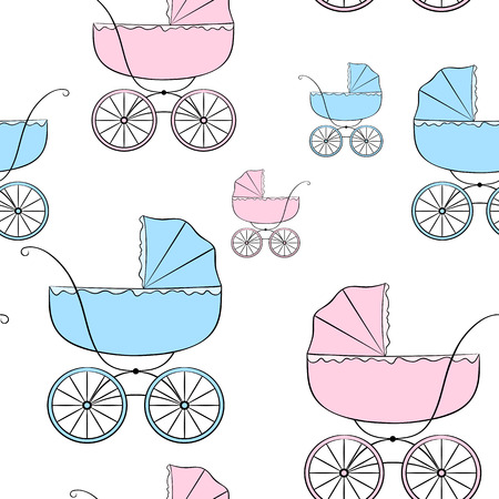 Nice seamless vector pattern with retro baby carriages of different sizesのイラスト素材