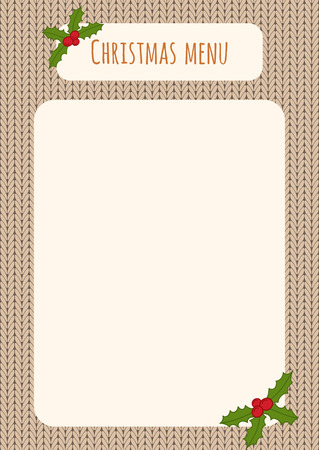 Christmas menu template over a knitted background with holly decorations.のイラスト素材