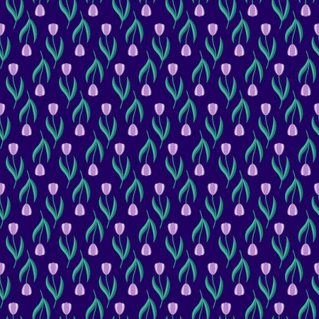 Dark seamless pattern with elegant violet tulips. Spring or summer background, floral design.のイラスト素材