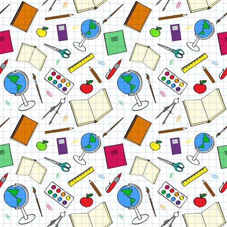 Seamless pattern with colourful school-related items. Sketch-like illustration of books, pens and other objects for studies. Background imitating a sheet of paper from a copy-book. Already in swatches.のイラスト素材