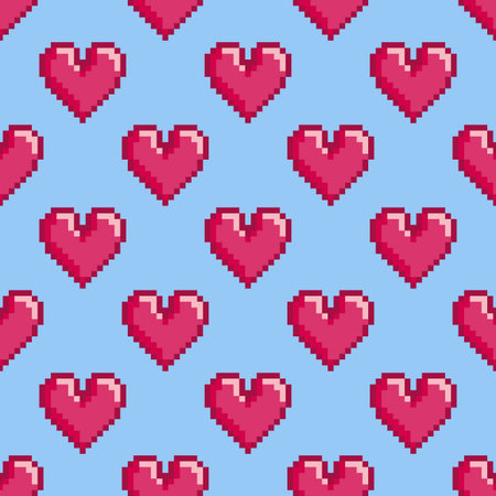 Seamless vector pattern with pixel hearts. St. Valentine's Day or wedding background, 8-bit retro design.  Already in swatches.のイラスト素材