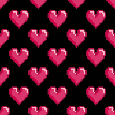 Seamless vector pattern with pixel hearts. St. Valentine's Day or wedding background, 8-bit retro design.  Already in swatches.のイラスト素材