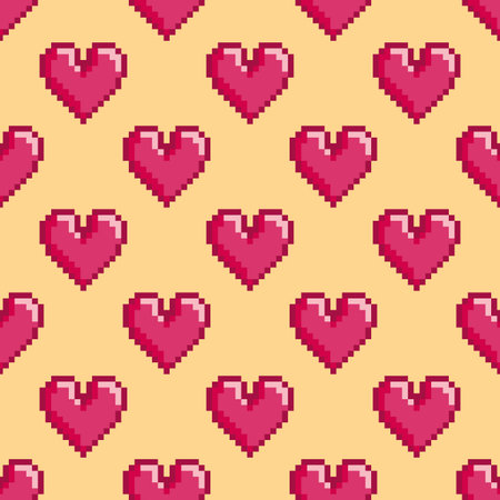 Seamless vector pattern with pixel hearts. St. Valentine's Day or wedding background, 8-bit retro...