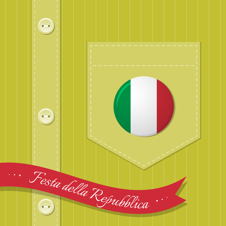 Striped shirt with a badge in the colors of the flag of Italy on the pocket. Italian National Day concept. Text in Italian: "Republic Day".のイラスト素材