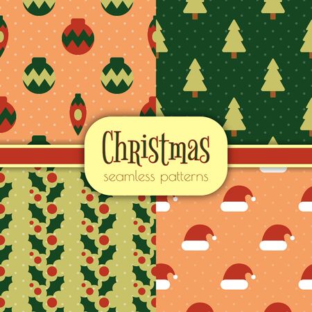 Set of bright seamless Christmas patterns in traditional colors. 4 simple designs with traditional Christmas and New Year elements on a dotted background. Already in swatches.のイラスト素材