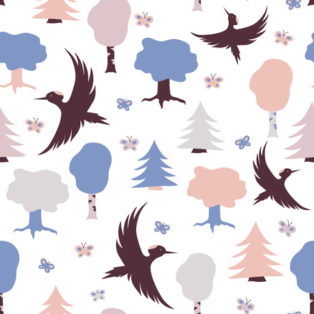 Pattern with flying woodpeckers, trees and butterflies in pastel color.のイラスト素材