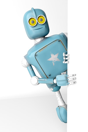 Robot retro vitage peeks out from behind the walls banner. 3d Render.の写真素材