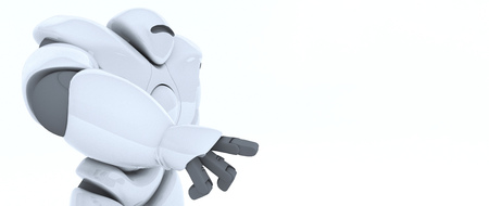 3D rendering of futuristic robot points with a finger, presses the button, isolate on whiteの写真素材
