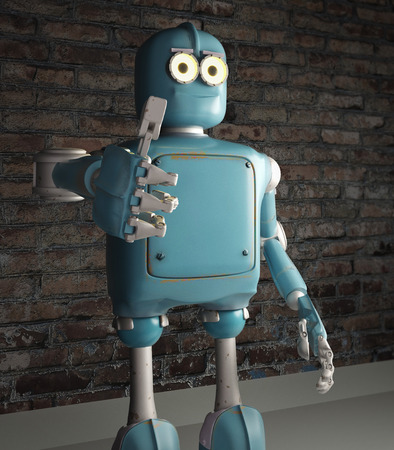 retro vintage robot show tumb up; on a brick wall background. 3D rendering.の写真素材