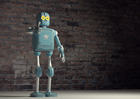 retro vintage robot show tumb up; on a brick wall background. 3D rendering.の写真素材