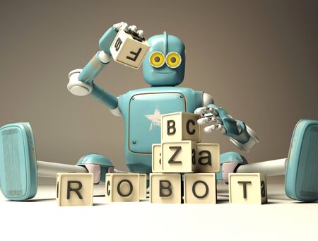 Retro Robot plays with wooden ABC cubes on floore. 3D rendering. Education scientist robot student.
