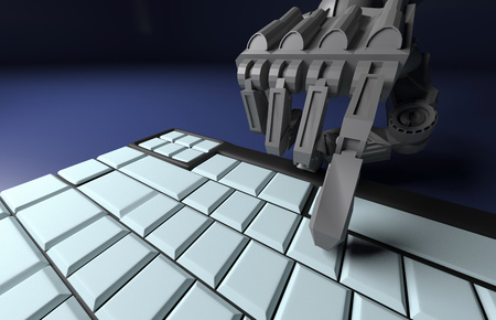 Robotic Hand Pressing Enter Key On Keyboard. 3d rendering. working with computer keyboard.の写真素材