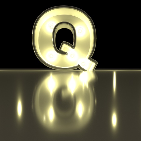Character Q font with reflection. Light bulb glowing letter alphabet. Capital symbol on black background. 3d rendering.の写真素材